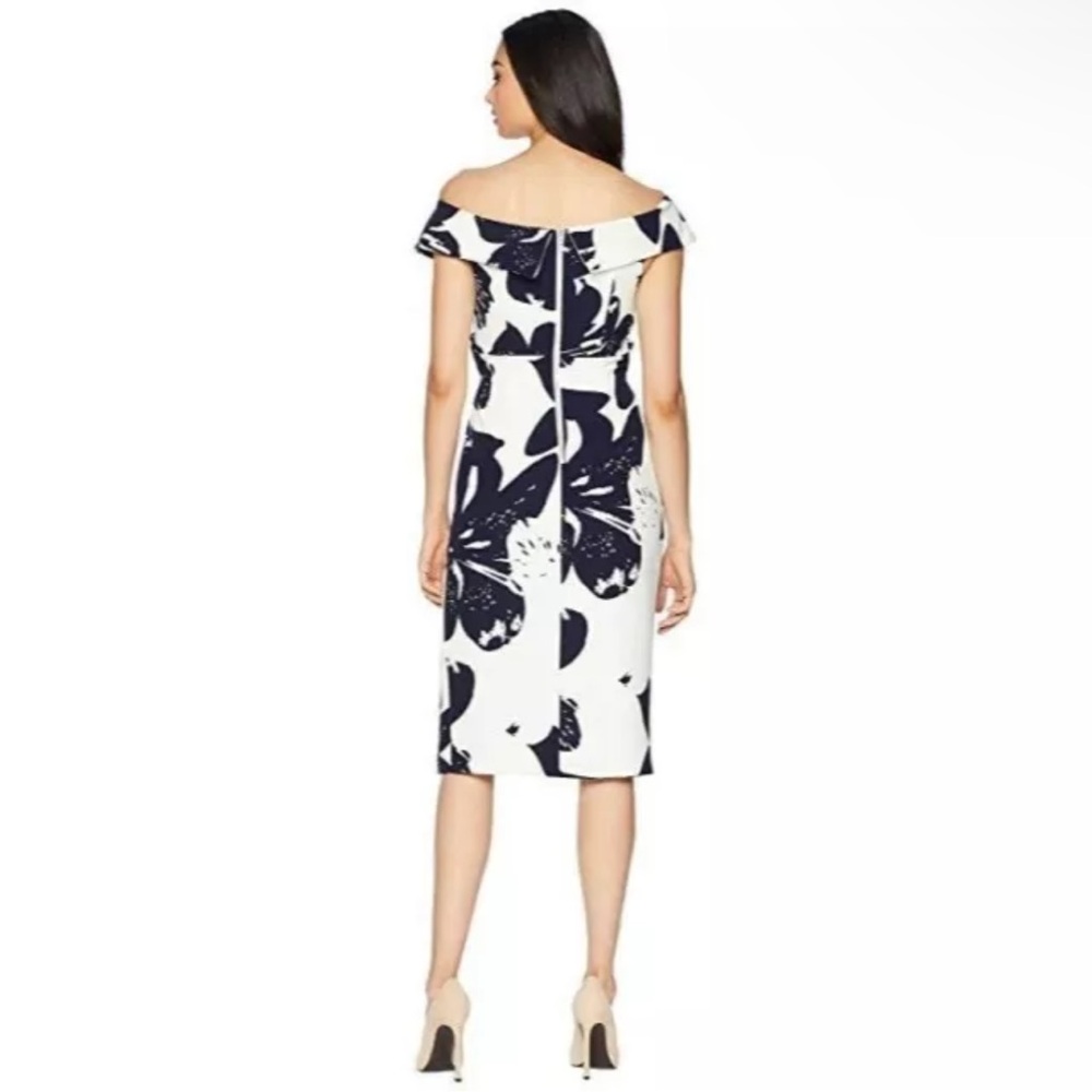 NWT Bardot Floral Camilla off the shoulder Sheath Navy White Midi Dress Size 10 - Picture 3 of 6